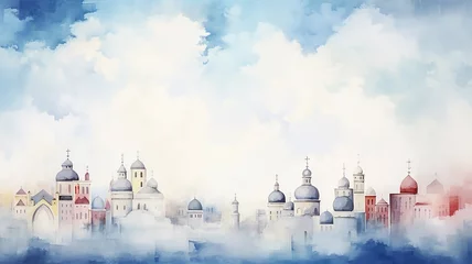 Fotobehang White churches on a light background, watercolor postcard in sketch technique © kichigin19