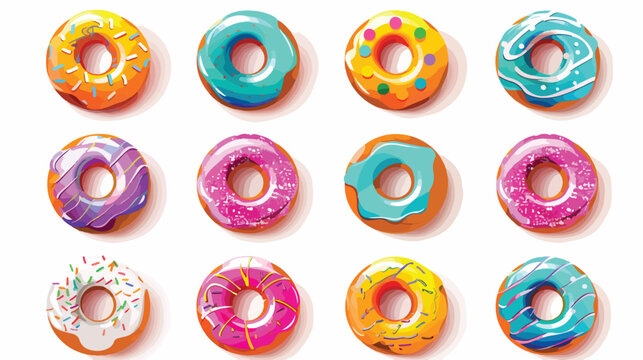 Bright colorful cartoon glazed donuts flat vector 