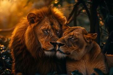 Fototapeta premium Tender Moment Between Lion and Lioness at Sunset, Wild Romance in the Savannah