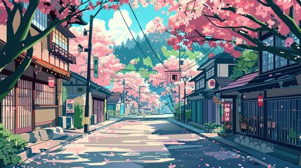 An idyllic street scene captures traditional architecture with a canopy of cherry blossoms in full bloom, creating a picturesque setting. Cherry Blossoms Adorning a Quaint Town Street

 - obrazy, fototapety, plakaty
