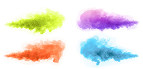 Collection of close-up shots of colored steam isolated on white background.
