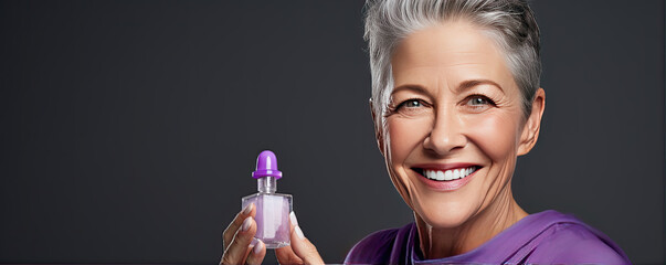 Portrait of smile senior woman with parfum in hand.