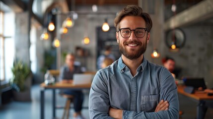 Young, bearded entrepreneur with glasses and a denim shirt smiling confidently in a modern,...