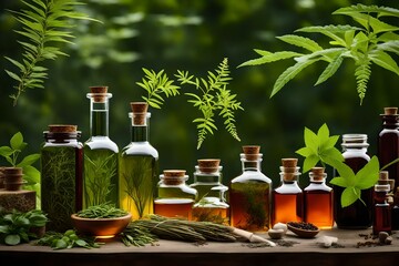 Medicinal herbs and tinctures alternative medicine Selective focus Nature.  - obrazy, fototapety, plakaty