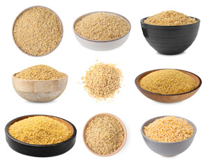 Different types of bulgur isolated on white, set