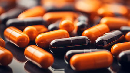 Pile of colorful antibiotic capsule pills. Pharmaceutical industry. Drug production. Pharmacy drugstore background. Global healthcare. Drug interaction. Antibiotic drug resistance concept. - obrazy, fototapety, plakaty