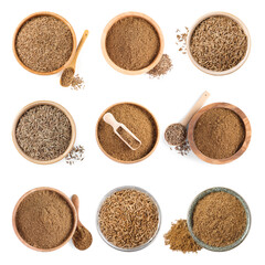 Aromatic caraway (Persian cumin) seeds and powder in bowls isolated on white, top view