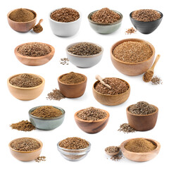 Aromatic caraway (Persian cumin) seeds and powder in bowls isolated on white, set