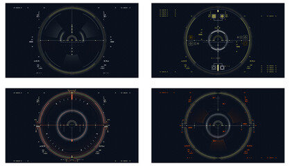 Sci-fi, Cyberpunk, futuristic FUI, GUI reticle aim circle set.
Ready to animate and use for Spacecraft, guns, tanks, planes, warplanes, spaceships and more vehicles. Altitude meter, balance etc. - obrazy, fototapety, plakaty