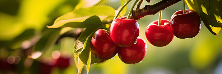 Luscious Bunch of Fresh, Ripe Cherries Hanging from a Sunlit Cherry Tree - obrazy, fototapety, plakaty