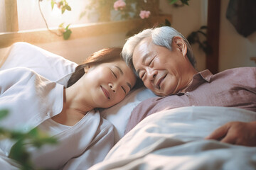 Obraz na płótnie Canvas An elderly Asian man and woman are seen laying together on a bed, showing affection and intimacy