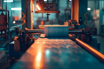 Operating a Large Offset Printing Press with Industrial Printer and Long Roll of Paper. Concept Printing Press Operation, Industrial Printer Use, Large-Scale Printing, High-Volume Production