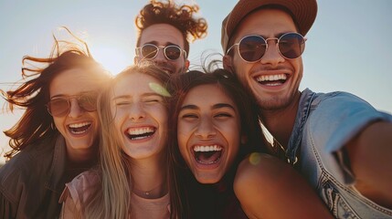 Multi ethnic guys and girls taking selfie outdoors with backlight Happy life style friendship concept on young multicultural people having fun day together in Bright vivid filter. bonding having fun.