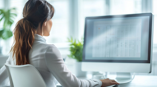 Focused Businesswoman Analyzing Data on Computer: A Professional Workplace Illustration.