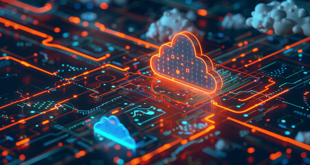Futuristic cloud infrastructure with digital code and light. Digital hologram of cloud with blue-orange backlighting on glowing digital signage. Cybernetic networking technology.