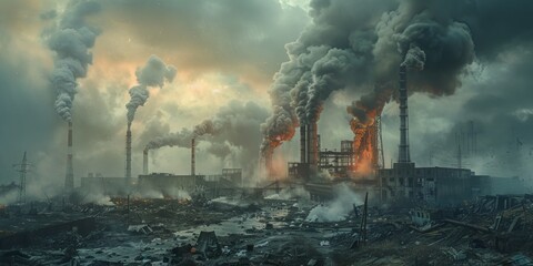 destroyed factory with smoke from chimneys, post-apocalyptic scene, Generative AI - obrazy, fototapety, plakaty