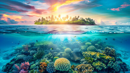 A coral reef stretches underwater with a small tropical island in the distance