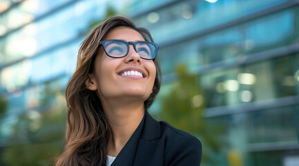 Cheerful young businesswoman with glasses looking upward in the distance with a dazzling smile: Opportunities in professional services