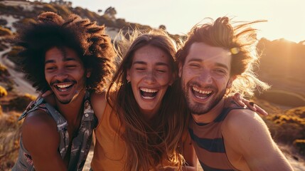 Multi ethnic guys and girls taking selfie outdoors with backlight Happy life style friendship concept on young multicultural people having fun day together in Bright vivid filter. bonding having fun. - obrazy, fototapety, plakaty