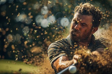 Golfer striking the ball, with an explosive spray of dirt and grass, highlighting the dramatic action and focus required in golf.