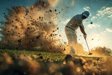 Golfer striking the ball, with an explosive spray of dirt and grass, highlighting the dramatic action and focus required in golf.