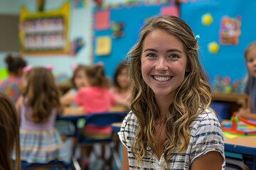 smiling  preschool teacher in classroom, Generative AI