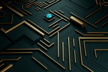geometric hi-tech 3d background with black,gold and turquoise elements - obrazy, fototapety, plakaty