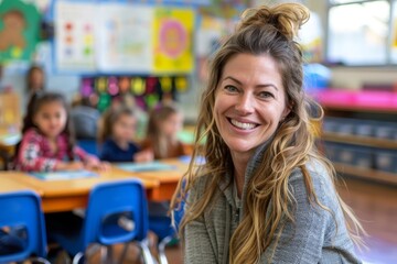 smiling  preschool teacher in classroom, Generative AI