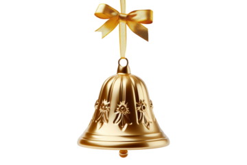 Mystical Charm: Golden Bell With Ribbon. On a White or Clear Surface PNG Transparent Background.