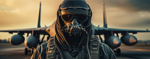 Aircraft pilot against air jet in blured background. Military fighter pilot - obrazy, fototapety, plakaty