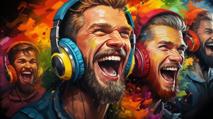 Collage of portraits of young emotional people on multicolored background in neon. Concept of human emotions, facial expression, sales. Smiling, listen to music with headphones - obrazy, fototapety, plakaty