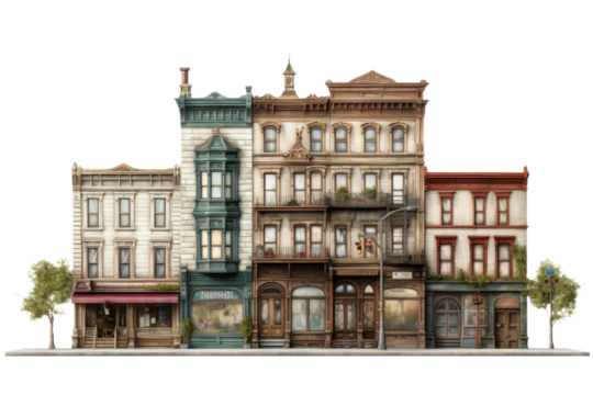 Urban Symphony: A Captivating Perspective of a Row of Buildings. On a White or Clear Surface PNG Transparent Background.