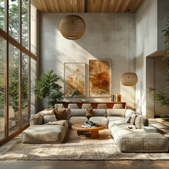 8K photograph of a modern living room that marries sleek architecture with cozy homey details