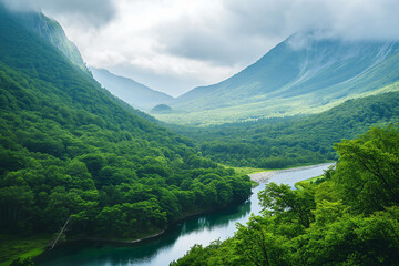 Fototapeta na wymiar Nature landscape featuring lush greenery, flowing rivers, and majestic mountains.
