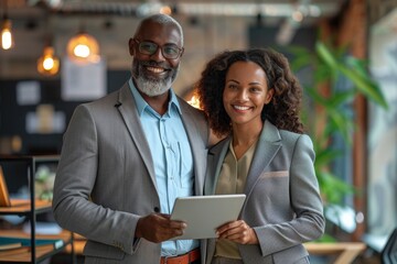 smiling business man and business woman standing in office with with digital tablets, Generative AI