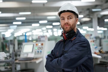 With protective headphones. Factory worker is indoors with hard hat - obrazy, fototapety, plakaty