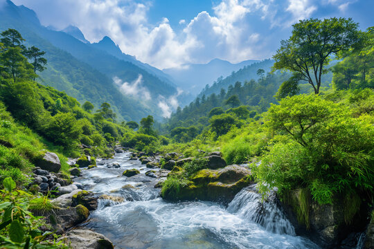 Nature landscape featuring lush greenery, flowing rivers, and majestic mountains.