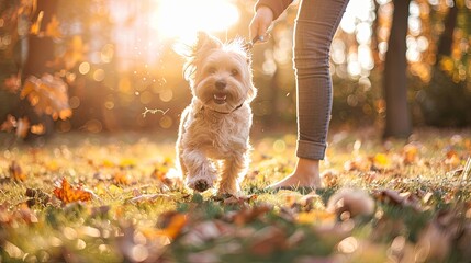 Little dog with owner spend a day at the park playing and having fun. Pet-friendly lifestyle,...