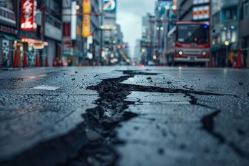 In a busy city street, there is a road with a long crack, depicting the effects of an earthquake. The background appears blurry, Generative AI