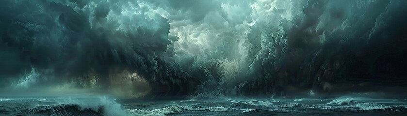 A panoramic view of a menacing ocean storm, with towering dark clouds and tumultuous waves, evoking the power of nature.
 - obrazy, fototapety, plakaty