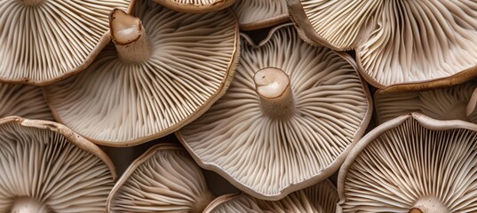 abstract background of mushroom gills. Mushroom texture background. Abstract wallpaper design with close up of oyster mushroom pattern. Delicate natural print for wall art