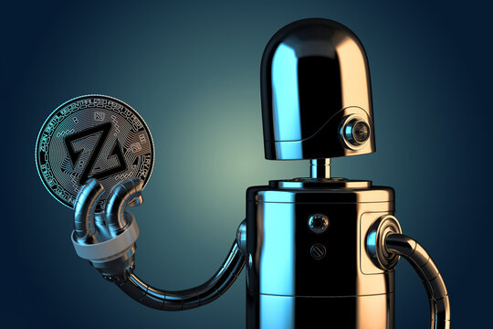 Robot holding Zcoin. Technology concept. 3D illustration