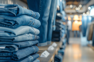 A row of jeans are stacked on top of each other in a store. The jeans are blue and are on display - obrazy, fototapety, plakaty