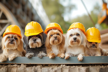 Five dogs wearing yellow hard hats are sitting on a ledge. The dogs are all different colors and sizes, but they all have the same hard hats on. The scene is playful and lighthearted