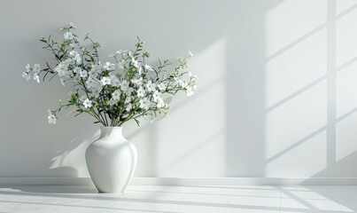 home interior with white flowers in a vase on a light background for product display, Generative AI