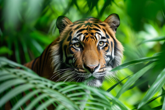 A tiger is looking at the camera through the leaves of a tree. The tiger is in a jungle setting, surrounded by green foliage