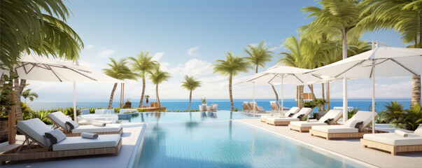 Luxury hotel with swimming pool. Best for summer holiday location. Sea or ocean in backgorund. Palms, loungers, umbrellas for perfect comfort