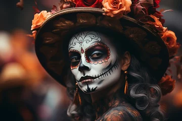 Foto op Plexiglas D?a de los Muertos festival in Latin American countries. People organize carnivals, decorate altars with marigolds, wear themed costumes and put on appropriate makeup © anwel