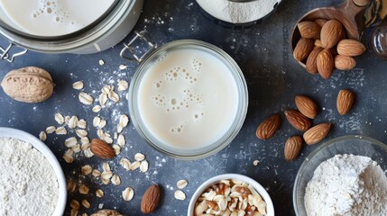 Almonds, Milk, and Other Ingredients on Table - obrazy, fototapety, plakaty