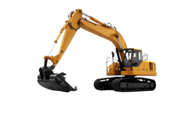 isolated excavator background white view left truck technical heavy shoveling machinery excavate tractor power hydraulic yellow mover orange mechanical excavating shovel